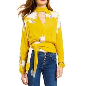Free People Say You Love Me Yellow Floral Tie Smocked Waist Top NEW SIZE SMALL